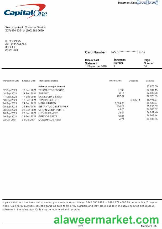 USA Capital One bank statement template PSD format, version 2